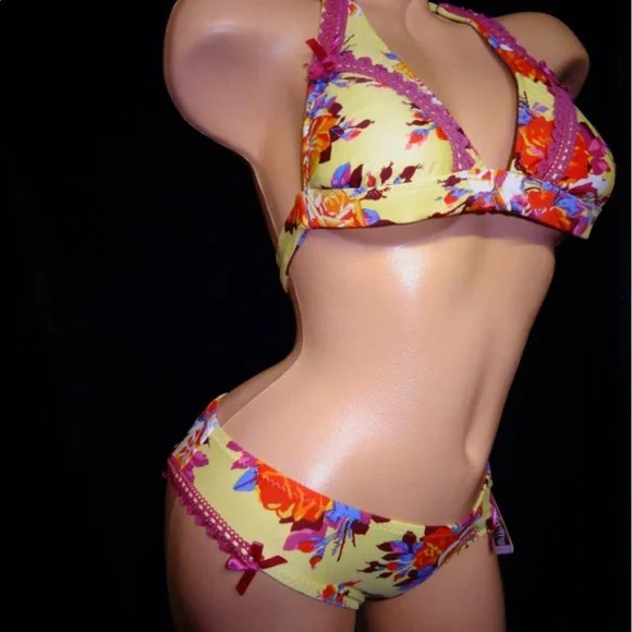 Betsey Johnson yellow pink Chez rose bikini swimsuit bottoms vintage retro pinup